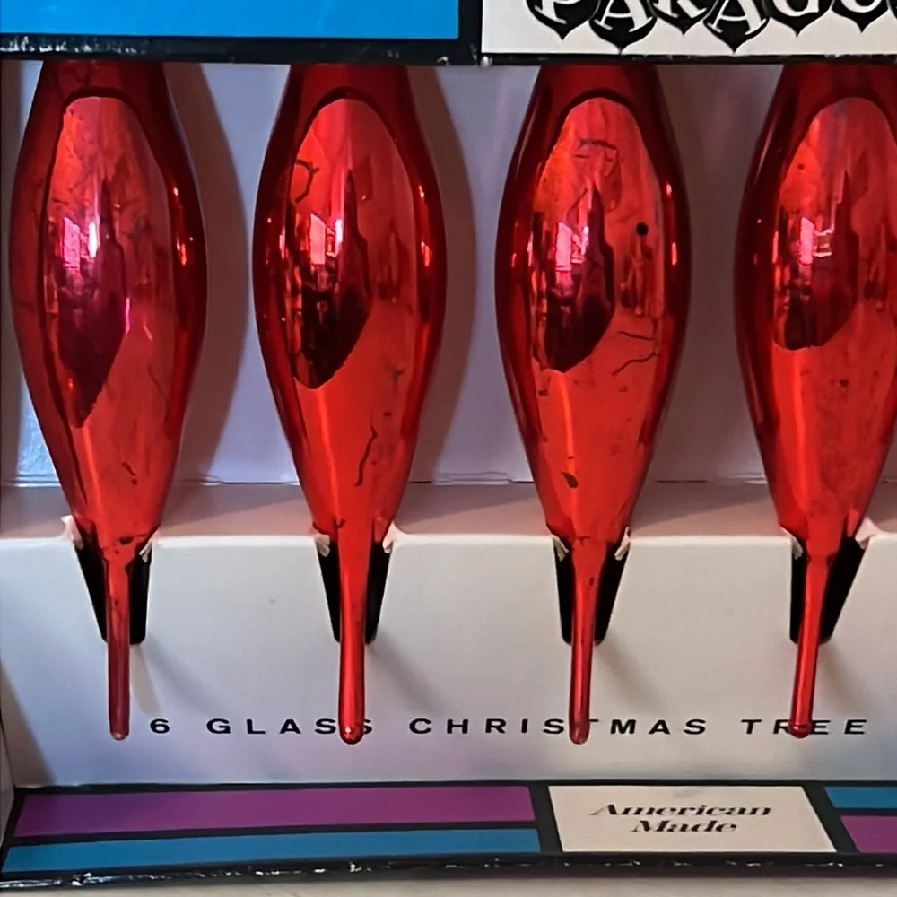 6 Vintage Paragon glass red teardrop Christmas ornaments 6”